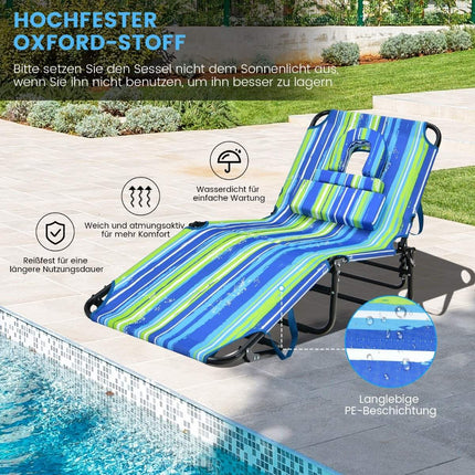 Sun lounger with face opening folding garden lounger with 3 removable cushions blue-green