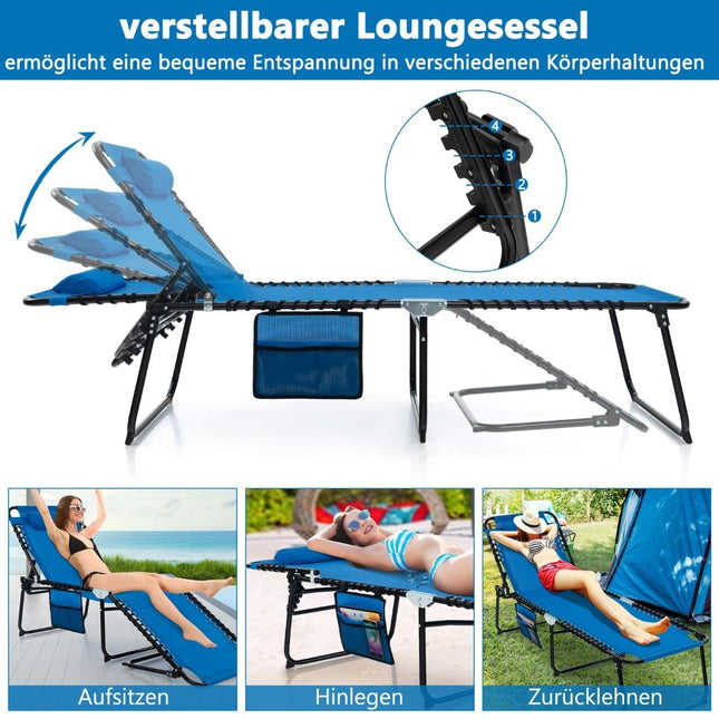 Sun lounger with headrest and side pocket folding garden lounger with adjustable backrest navy blue