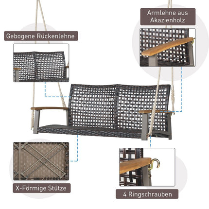 Swing bench for outdoor hanging bench made of PE rattan with 2 ropes 131 x 68 x 54 cm