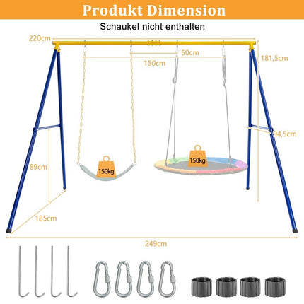Swing frame with A-frame double swing metal frame 249 x 185 x 181.5 cm blue + yellow