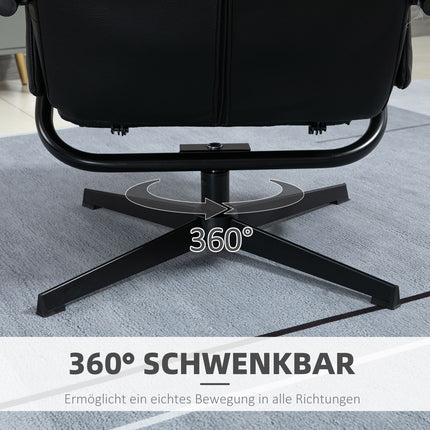 Reclining swivel armchair with stool, artificial leather, black