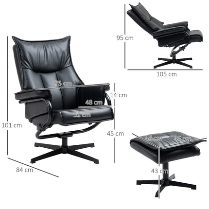 Reclining swivel armchair with stool, artificial leather, black