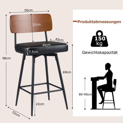 Swivel Bar Stools Set of 2 with Padded Backrest, Black