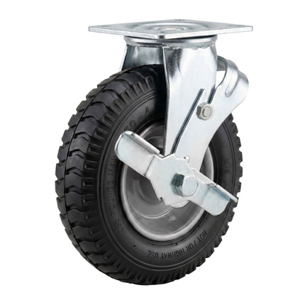 Swivel Castor Wheel w/ Brake, Pneumatic Tyre, Black-Silver