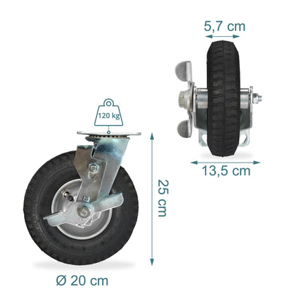 Swivel Castor Wheel w/ Brake, Pneumatic Tyre, Black-Silver