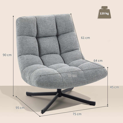Swivel Lounge Chair, Armless Wide Seat, Gray Chenille
