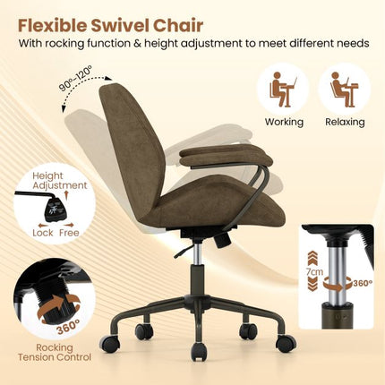 Swivel Office Chair, Suede Upholstery, Padded Arms, Olive
