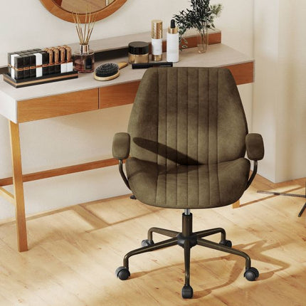 Swivel Office Chair, Suede Upholstery, Padded Arms, Olive