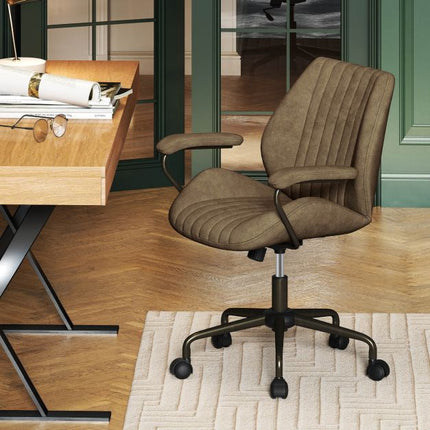 Swivel Office Chair, Suede Upholstery, Padded Arms, Olive