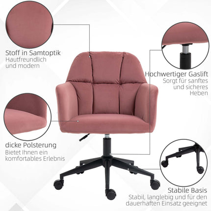 Pink height-adjustable office chair in velvet, capacity 120 kg