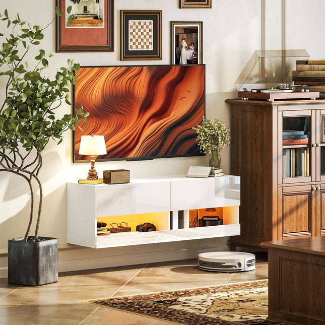 TV wall cabinet with LED light, 16 positions, glossy white