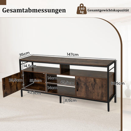 TV Stand for 65" TVs with 2 Cabinets & 4 Shelves, Rustic Brown