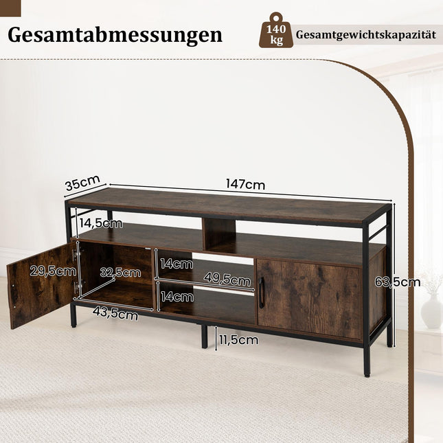 TV Stand for 65" TVs with 2 Cabinets & 4 Shelves, Rustic Brown