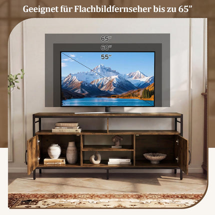 TV Stand for 65" TVs with 2 Cabinets & 4 Shelves, Rustic Brown