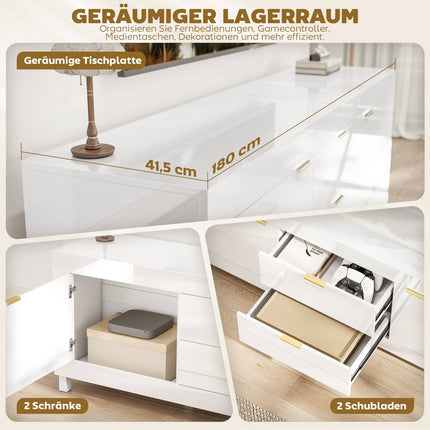 TV Stand for 75" TVs, High Gloss White, 180cm, 2 Cabinets