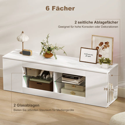 TV Stand with 6 Shelves, 2 Glass Racks, 140 cm, White