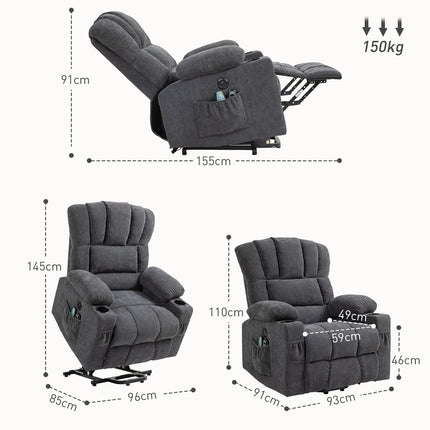 Electric recliner - massage, heating, USB ports, dark grey