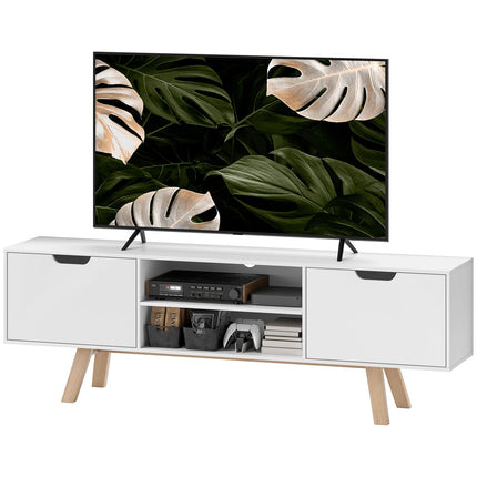 White TV bench, fits TVs up to 65", 2 cabinets and shelves