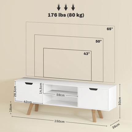White TV bench, fits TVs up to 65", 2 cabinets and shelves