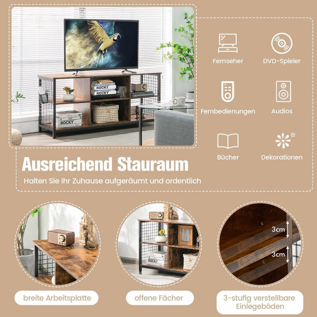 TV cabinet lowboard with open compartments TV shelf for televisions up to 65 inches 140 x 40 x 62.5 cm Rustic brown