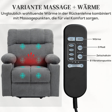 Lounger with standing aid, massage and height adjustment