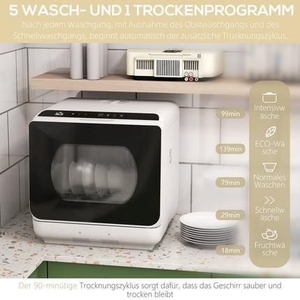 Compact tabletop dishwasher - 4 settings, 6 programs, built-in tank