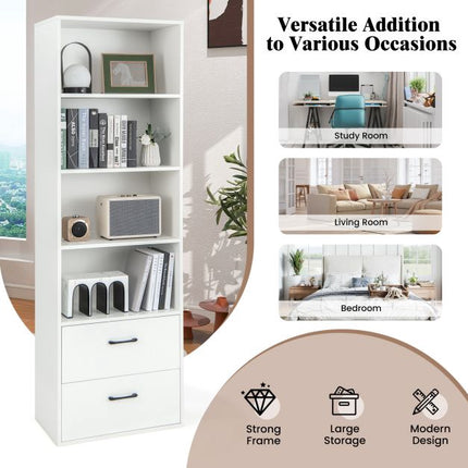 Tall 6-Tier Freestanding Bookshelf, 4 Shelves, 2 Drawers