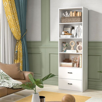 Tall 6-Tier Freestanding Bookshelf, 4 Shelves, 2 Drawers