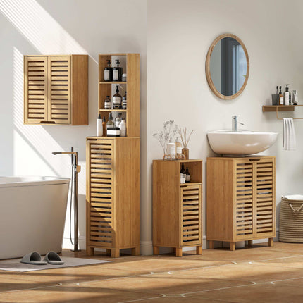 Tall Bamboo Bathroom Cabinet with Adjustable Shelves, 34x30x170 cm