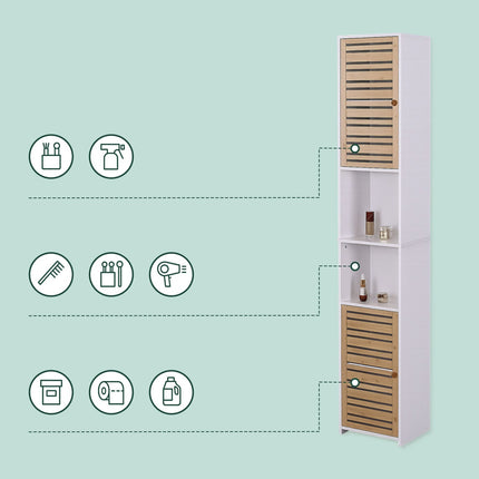 Tall Bathroom Cabinet, 190 cm, White, Bamboo Doors