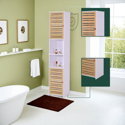 Tall Bathroom Cabinet, 190 cm, White, Bamboo Doors