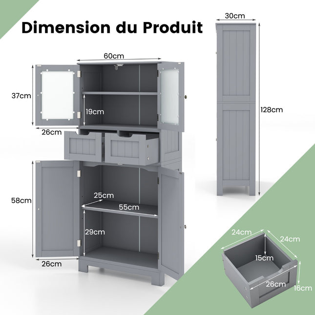 Tall Bathroom Cabinet, 4 Doors, 2 Drawers, Grey