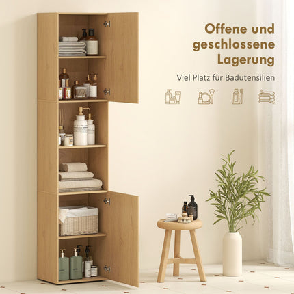 Tall Bathroom Cabinet, 6 Levels, Oak Finish, Adjustable Shelves
