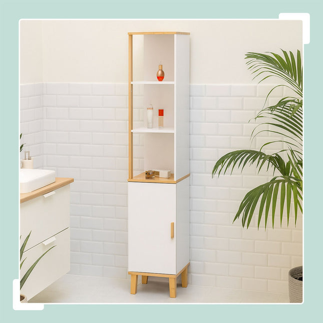 Tall Bathroom Cabinet, Door & 3 Shelves, Bamboo Accents