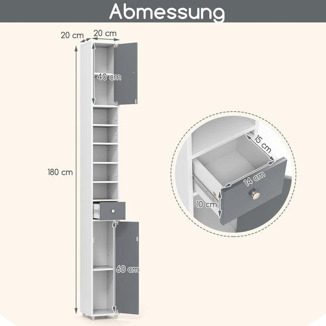 Tall Bathroom Cabinet with 2 Doors, Adjustable Shelves, White/Grey