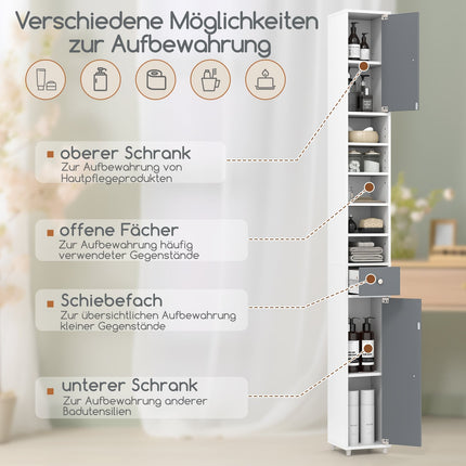 Tall Bathroom Cabinet with 2 Doors, Adjustable Shelves, White/Grey