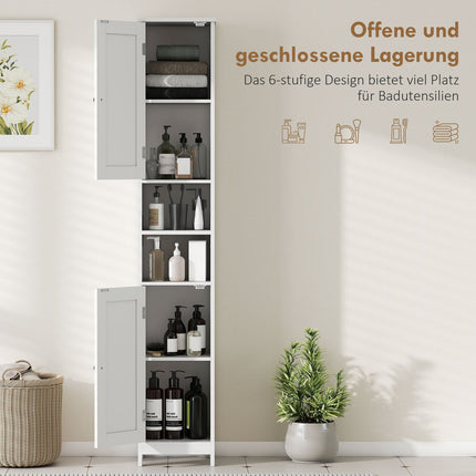 Tall Bathroom Cabinet with Doors, Open Shelves, White, 170 cm