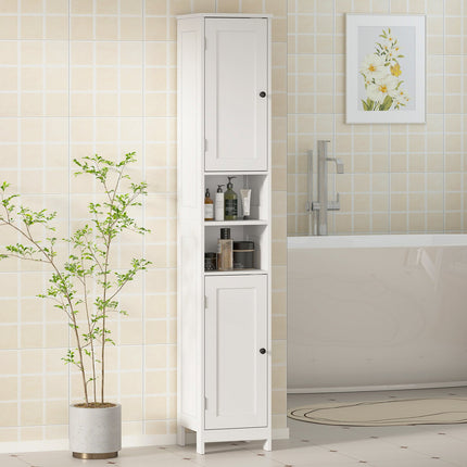 Tall Bathroom Cabinet with Doors, Open Shelves, White, 170 cm