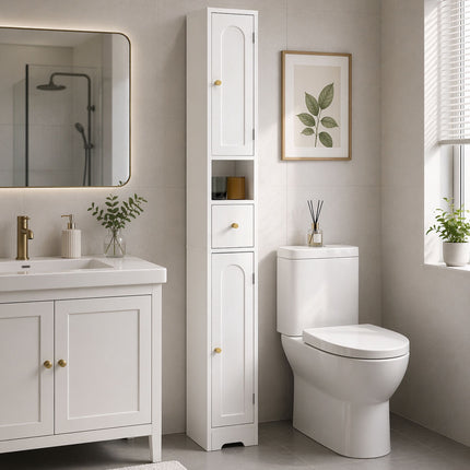 Tall Bathroom Cabinet with Drawer, Adjustable Shelves, White 20x20x185 cm