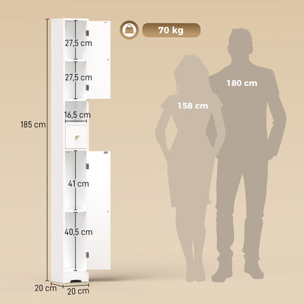 Tall Bathroom Cabinet with Drawer, Adjustable Shelves, White 20x20x185 cm
