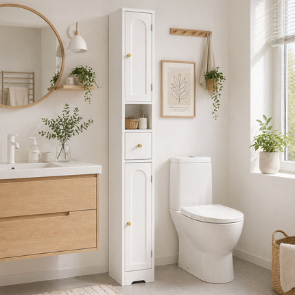 Tall Bathroom Cabinet with Drawer, Adjustable Shelves, White 20x20x185 cm