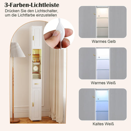 Tall Bathroom Cabinet with Lighting, Glass Shelves, Drawer