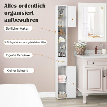 Tall Bathroom Cabinet with Lighting, Glass Shelves, Drawer