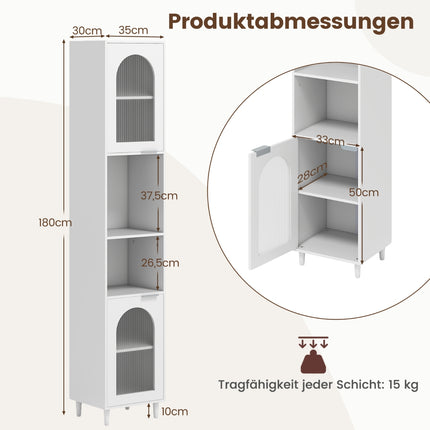 Tall Bathroom Cabinet with Ribbed Glass Doors, White