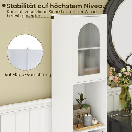 Tall Bathroom Cabinet with Ribbed Glass Doors, White