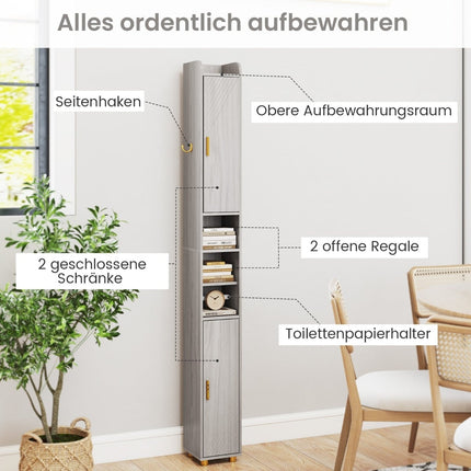 Tall Bathroom Cabinet with Toilet Paper Holder, Hooks – Grey