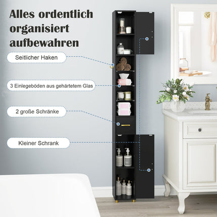 Tall Black Bathroom Cabinet with Lighting & Glass Shelves