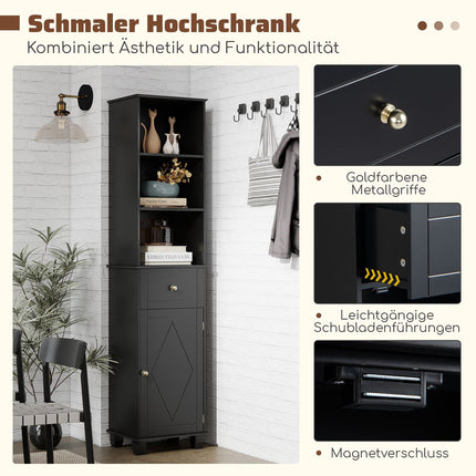 Tall Black Bathroom Cabinet with Shelves and Drawer
