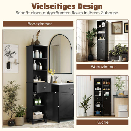Tall Black Bathroom Cabinet with Shelves and Drawer