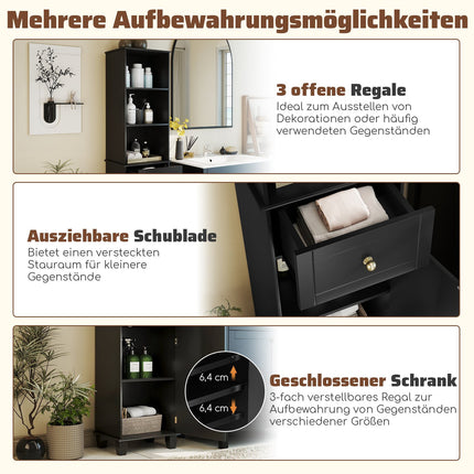 Tall Black Bathroom Cabinet with Shelves and Drawer